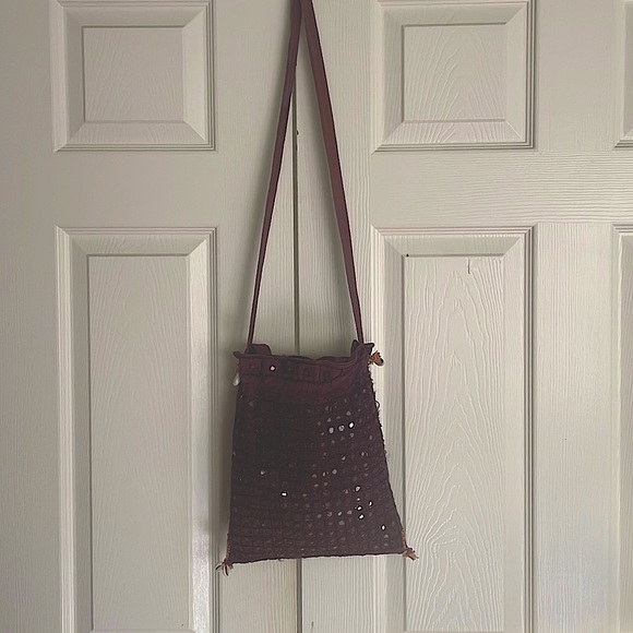 Glass Beaded Detail Burgundy Crossbody Tote * Boho * Hippie * Ethnic * Handmade - Picture 4 of 15
